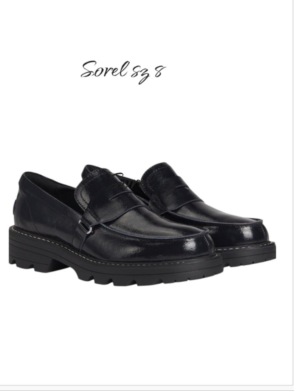 SOREL Revel Ave Lug Sole Penny Loafer Black Leather Flat Comfort Shoes Sz 8